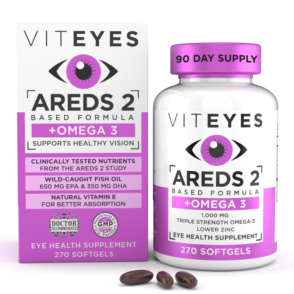 Viteyes AREDS 2 + Omegaga- 3 Macalar Dukung Softgels, Plus Triple Power Omega-3 (650 mg EPA, 350 mg DHA) for Heart Health & Eye Health, Eye Vision Suplemen, 270 Softgeels