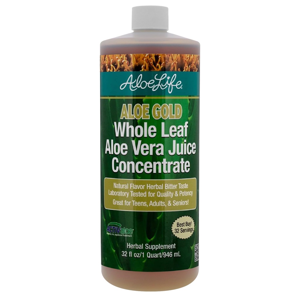 Aloe Life - Whole Leaf Aloe Vera Juice, Seracted Organic, Gluten- Free (Aloe Gold, 32 oz)