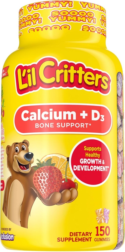 L 'il Critters Kalsium + D3 Daily Gummy Tambahan untuk Anak-anak, untuk Bone Dupport, Orange, Strawberry dan Cherry Flavors, 150 Gummies