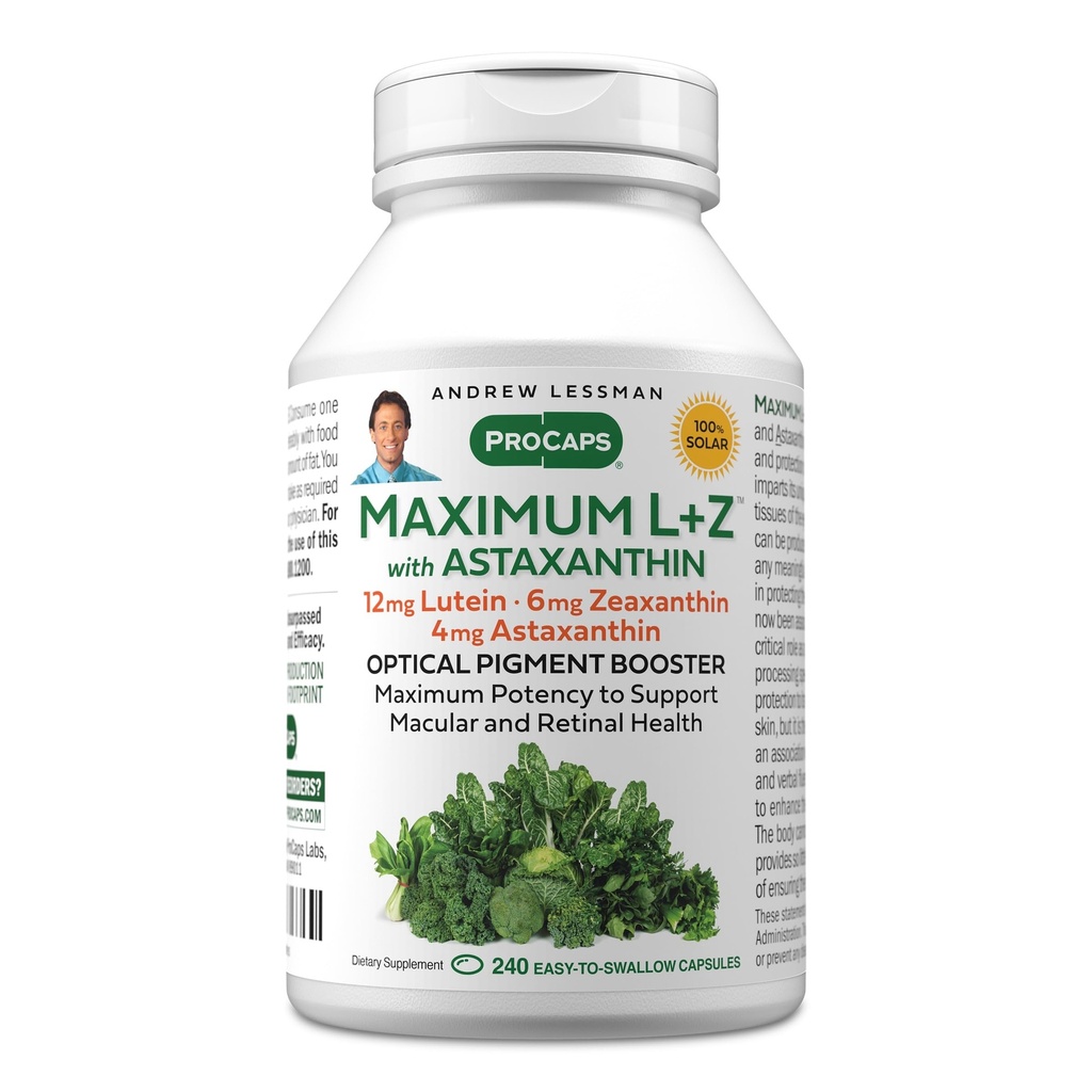 ANDREW LESSMAN Maksimum L + Z dengan Astaxanthin 240 Softgels - 12mg Lutein, 6mg Atxanthin, 4mg Astaxanthin. Key Nutrients untuk Mendukung Kesehatan Mata dan Otak, dan Vision Sehat Proyektif.