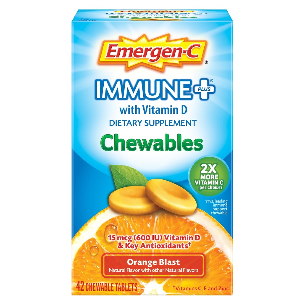 Emergen- C Imune + Chewables 1000mg Vitamin C dengan Vitamin D Tablet, Dukungan kekebalan Diet Suplemen untuk Imunity, Oranye Blast Flavor, Kembali ke Sekolah Esensial - 42 Count