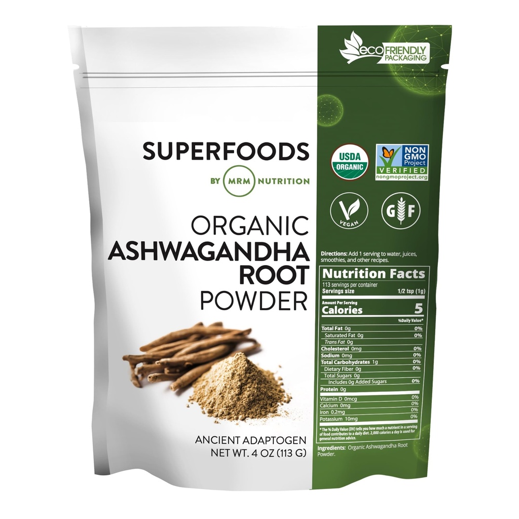 Nutres Organik MRM Ashwagandha Root Powder 124; Superfood 124; Ancient adaptogen 14; Antioksidants 12.4; Vegan + Gluten- Free 124; 113 Servings