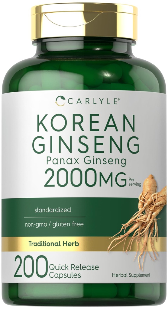 Carlyle Korea Ginseng Ekstrak Capsules 2000 mg 124; 200 Capsules 12.4; Non-GMO dan Formula Bebas 124; Standardisasi Panax Ginseng Suplemen