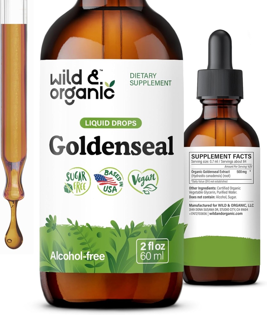 Wild & Organic Goldenseal Root Tasture - Lung Cleanse, Immune & Digetical Suplemen - Liquid Goldenseal - Vegan, Sugar & Alcohol- Free Herb Drops - 2 fL oz