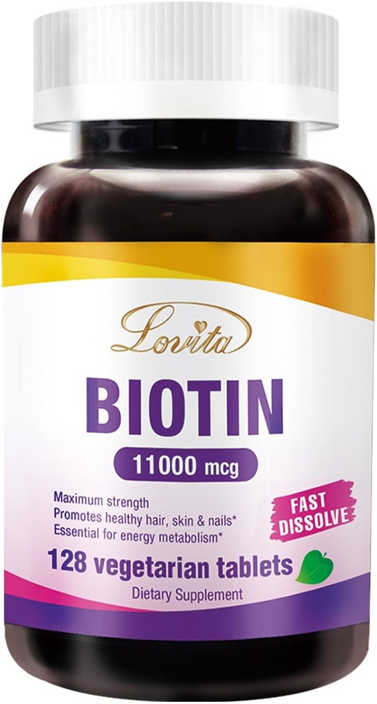 LOVITA Maksimum Kekuatan 11000mcg Biotin: Pemisalan-Cepat, Tablet Vegetarian - Mudah Dissorbed, Gluten & Dairy- Bebas, 128 Bigan-Friendly Tablet