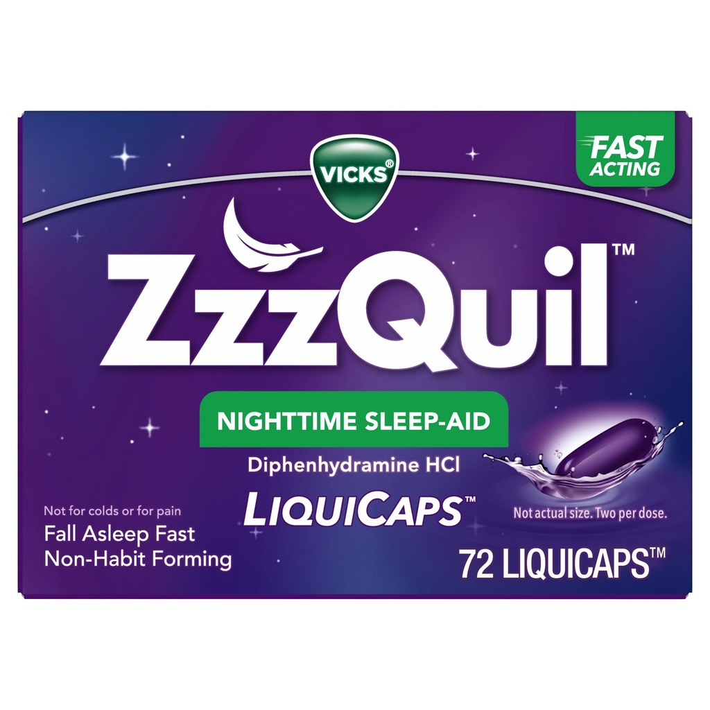 ZzzQuil LiquiCap Sleep Aid, Diphenhydramine 25mg HCI, Sleep Aids for Dewas, Nighttime Sleep Aid, 72 Liquicaps