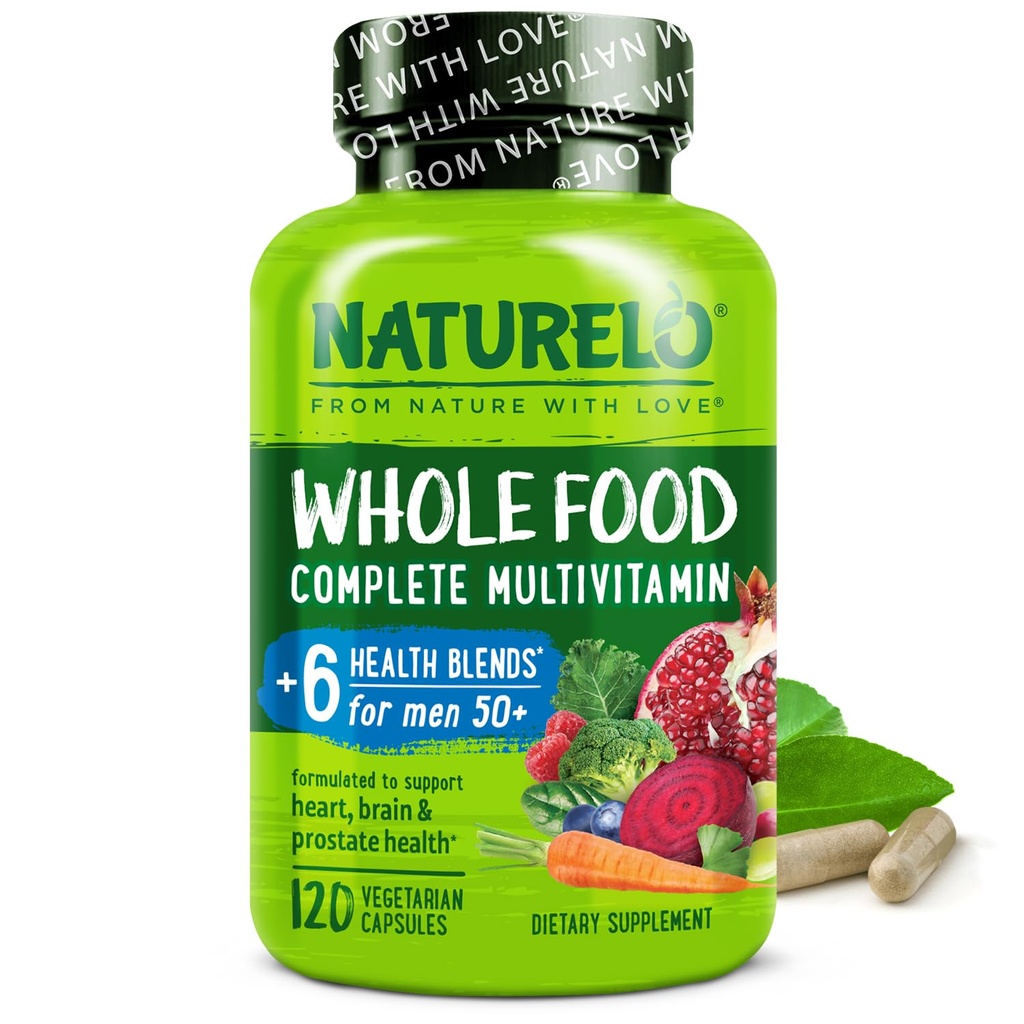 NATURELO Whole Food Multivitamin for Men 50 + - dengan Vitamin, Mineral, Ekstraksi Organic Herbal - Vegan Vegetarian - untuk Energi, Otak, Hati dan Mata Kesehatan - 120 Capsules
