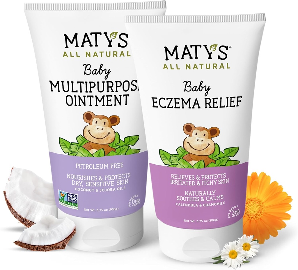 Mays Baby Eczema & Multipurity Overace2pk Combo untuk Bayi 3 bulan +, Soothe Eczema & Neurding Dry Skin, Steroid / Petroleum gratis, 3.75oz setiap tabung