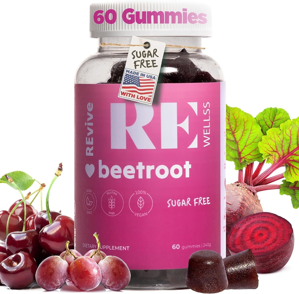 Bit Root Gummies with Grape Seed Extract Energy Suplemen Energi I Sugar Nitric Oxide Suplemen Pria & Women I Overall Health & Blood Support I 60 Gummies - Cherry Flavor
