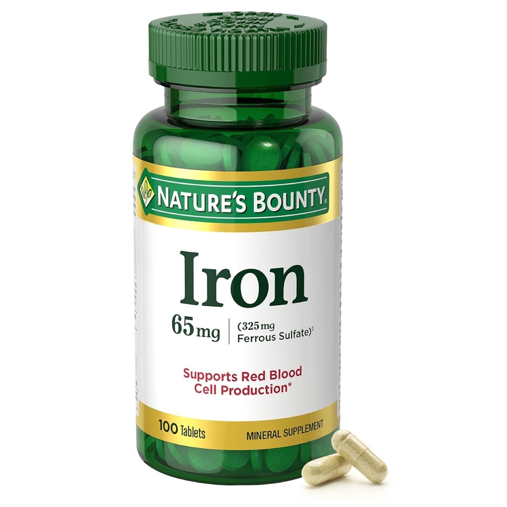 Nature 's Bounty Iron 65mg, 325 mg Ferrous Sulfate, Cellular Energy Support, Promotes Normal Red Blood Cell Production, 1 Serving Per Day, Gluten Free, 100 Vegetarian Tablet