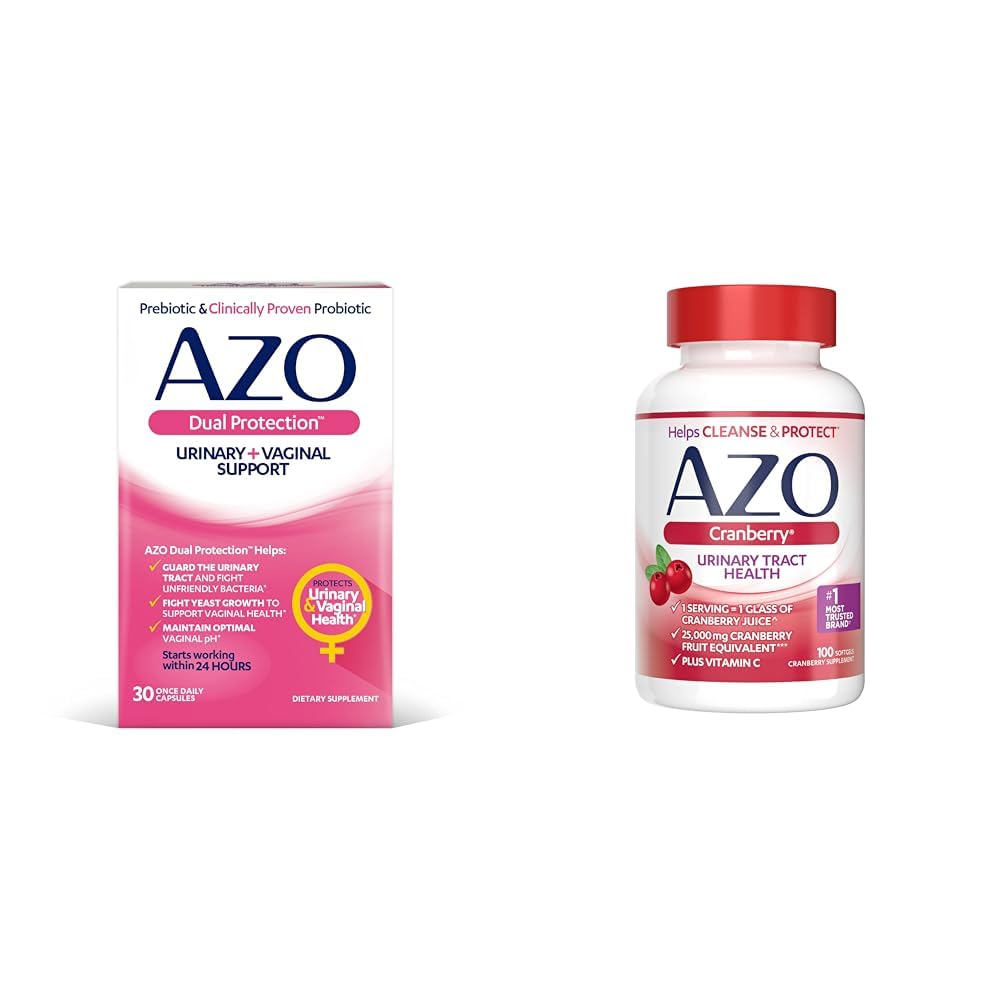 AZO Dual Protection 124; Urinary + Vaginal Support # 14; Prebiotic Plus Clinical Proven Women Probiotic 124; Starts Working In 24 Hours 124; Non-GMO 124; 30 Count & Cranberry Urmonary Tract Health Supplemen