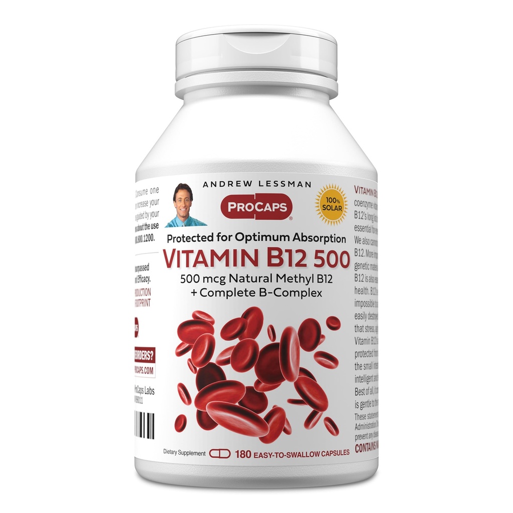 ANDREW LESSMAN Vitamin B12 500 180 Capsules - Absorpsi - Methylcobalamin Terproteksi (Natural Coenzim Vitamin B12), Escuble for Energy and Stress Support, Plus B- Complex, East to Swallow Capsules