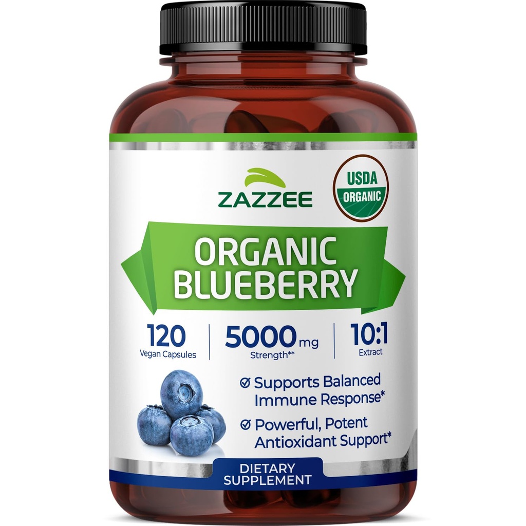 Zazzee USDA Organik Blueberry 10: 1 Ekstrak, 5000 mg Kekuatan, 120 Vegan Capsules, 4 Bulan Supply, Terkonsentrasi dan Standardisasi 10X Whole Fruit Extract, 100% Vegetarian, Non-GMO, dibuat di Amerika Serikat