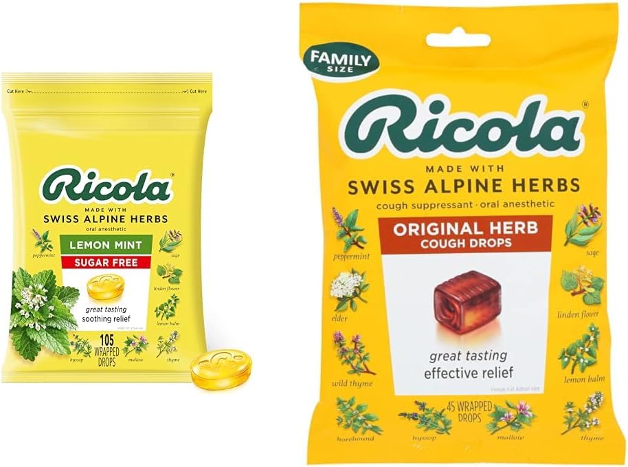 Ricola Sugar Free Lemon Mint Herbal Cough Supresant Throps, 105ct Bag & Original Natural Herb Cuffpresant Throat Drops, 45 Drops, Fights Coughs Tentu