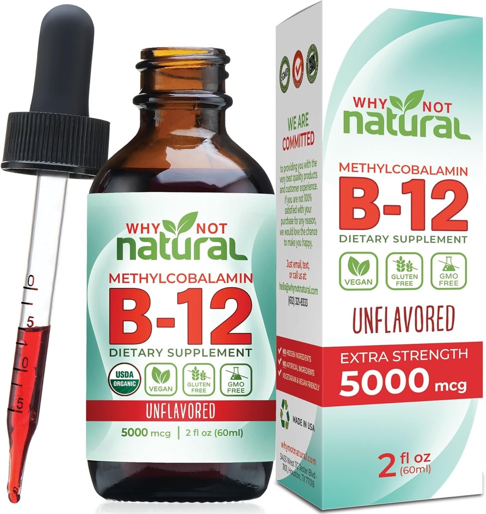 Mengapa tidak alami Vitamin B12 Liquid - Sublingual Ekstra Kekuatan 60 x 5000 mcg Methylcobalamin Drops, Vegan, Maksimalkan Absorpsi dan Energi