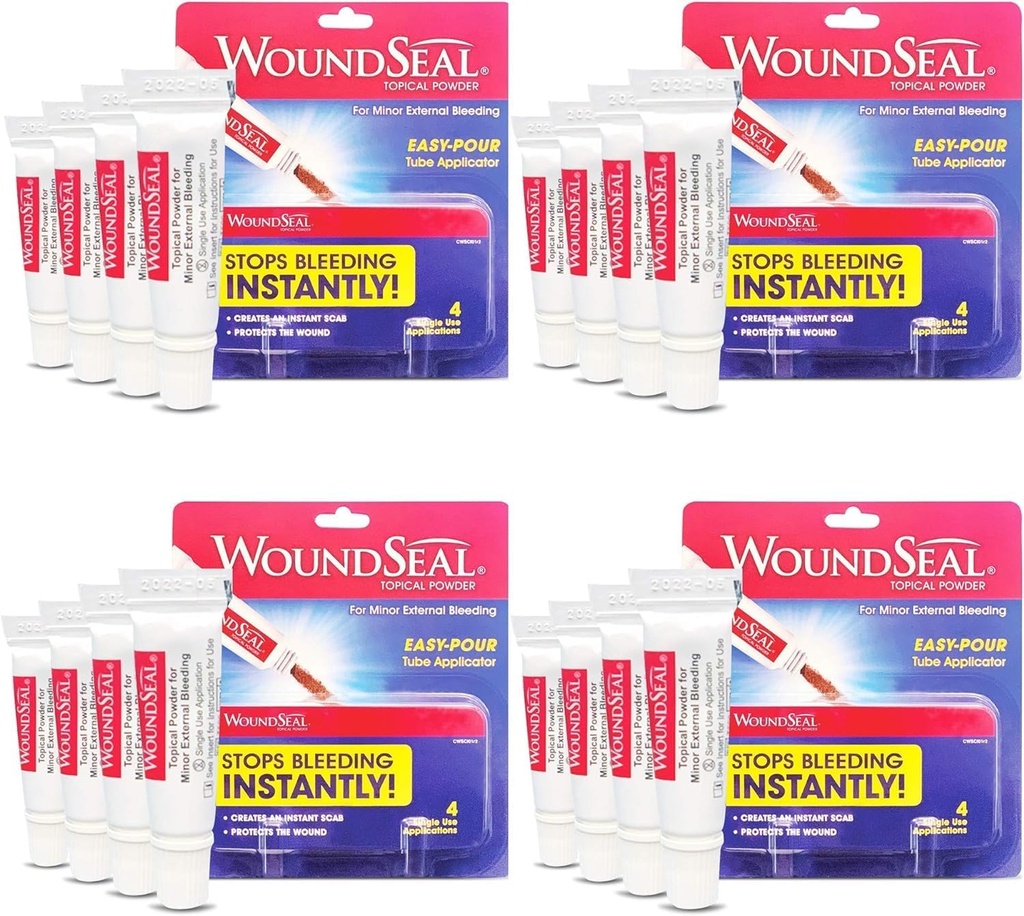 WeundSeal Powder 4 Masing-masing (Berkemas 4) - Wound Care Pertama Aid untuk Cuts, Scrapes dan Abrasions - Menghentikan Berdarah di Seconds Without Stitches or Bandages