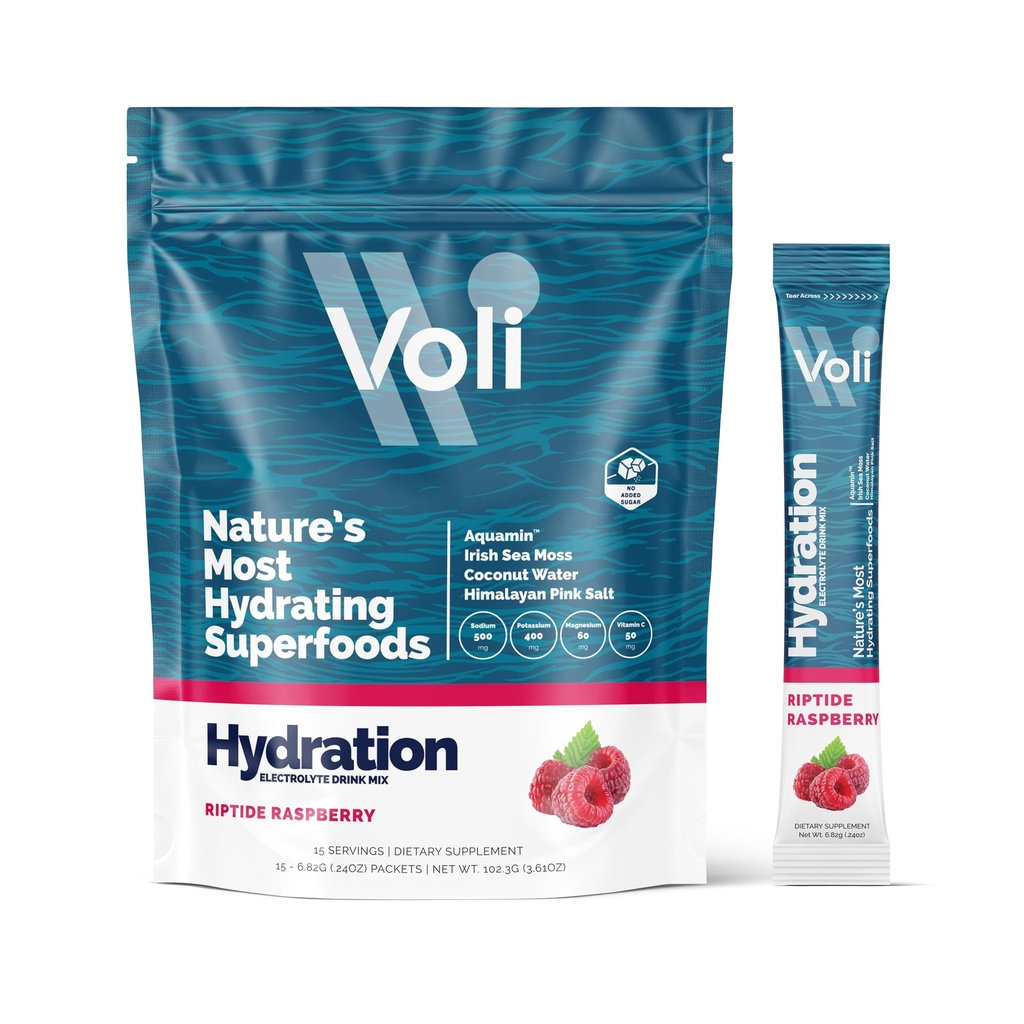 Voli Electrolytes Powder Pawder 124; No Added Sugar Electrolite Drink Mix for Hydration; Keto & FASting Friendly, Natural SuperFoods & Minemared 124; Raspberry 15- Count