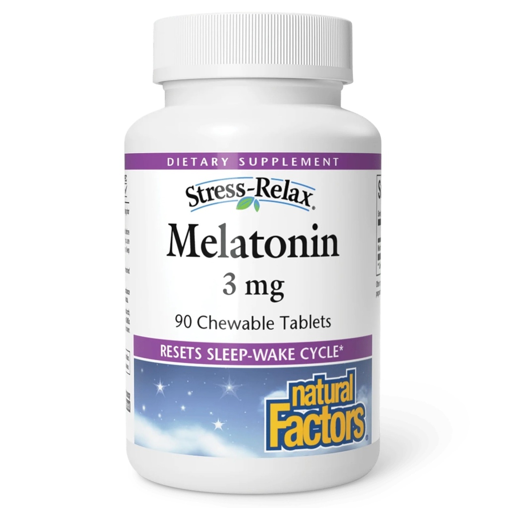 Stress- Relax Melonalin 3 mg oleh Natural Factors, Natural Sleep Aid, Mengundurkan Siklus Tidur, 90 tablet chewable (90 porsi), Peppermint Flavor