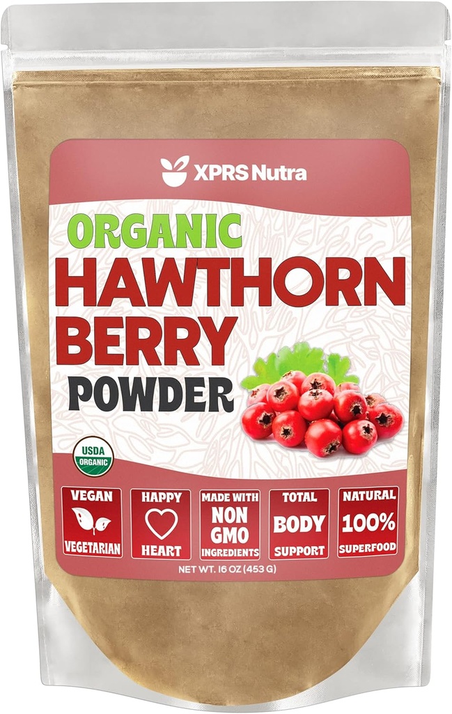 XPRS Nutra Organik Hawthorn Berry Powder - Premium USDA Organik Hawthorn Powder untuk Dukungan Kardiovaskular - Vegan Friendly HEarth Health Supplemen (16 Ounce)