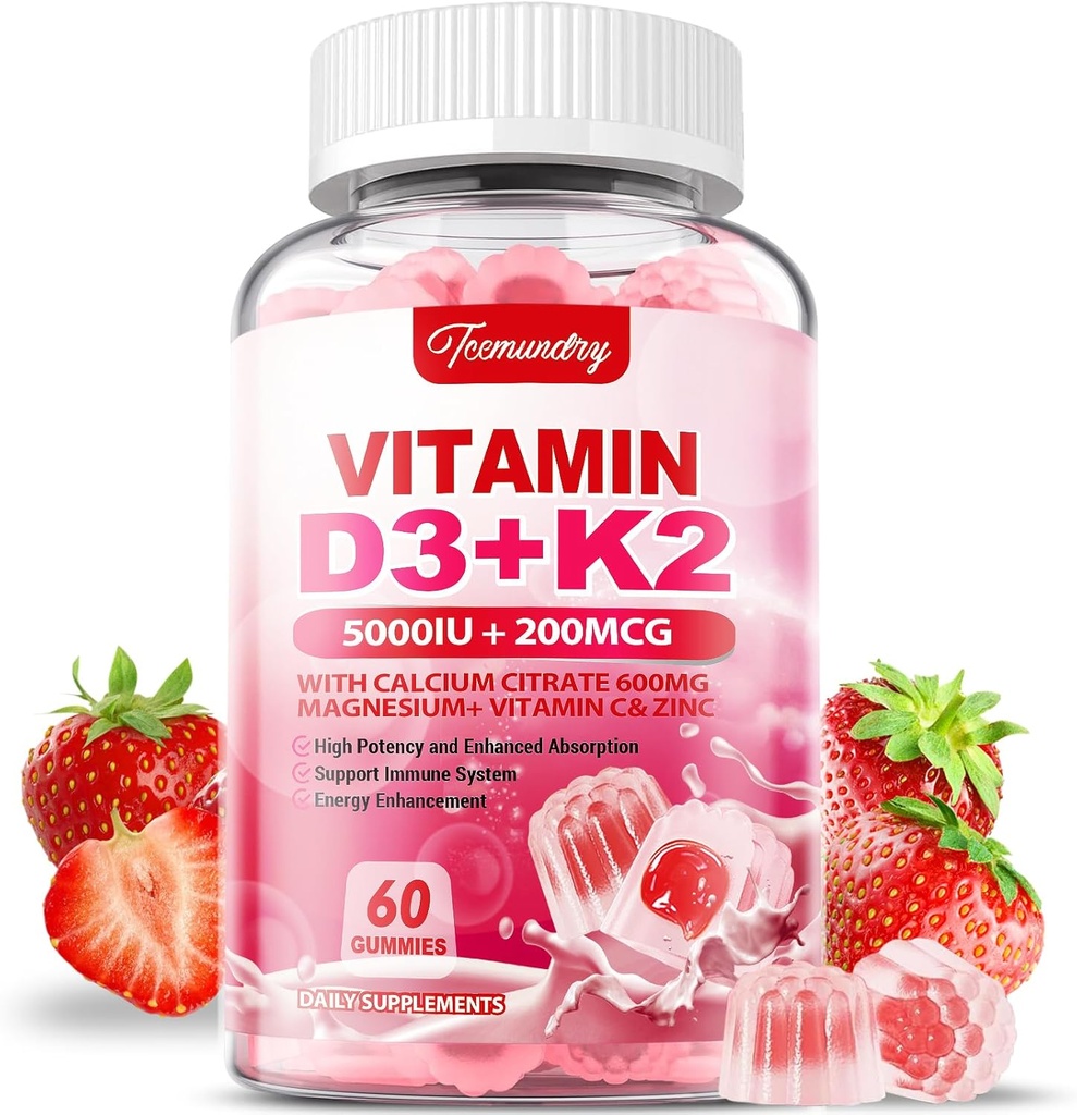 Vitamin D3 K2 Tambahan untuk dewasa - Vitamin D3 5000 IU + K2 200 mcg - VIT D3 K2 Gummies dengan Calcium 600mg Magnesium Zinc & Vitamin C untuk Women - Supports B0ne, Muscle Immune