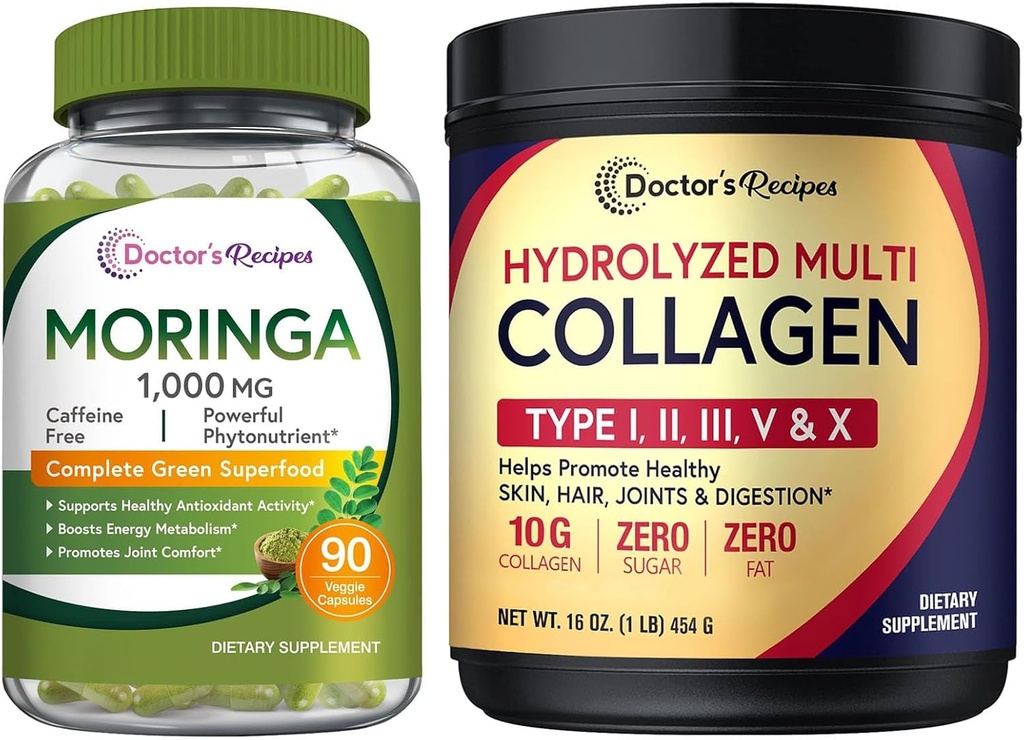 Doctor 's Recipes Moringa 90 Vegan Caps & Multi Collagen Peptides Powder 16oz
