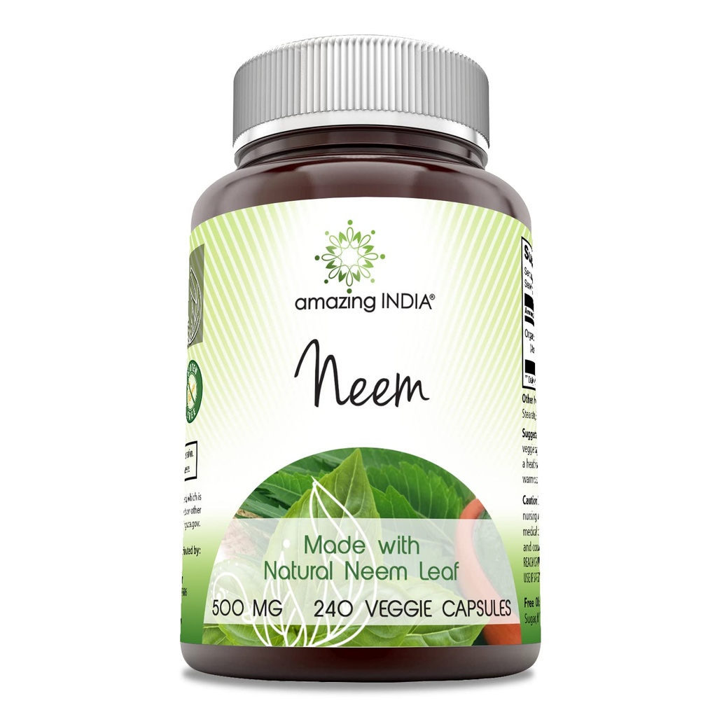 Amazing India Neem (Dibuat dengan Natural Neem Leaf) 500 mg Veggie Capsules Suplemen 124; Non-GMO 124; Gluten Free Gluten, Made in USA 124; Sutable for Vegegarian (240)
