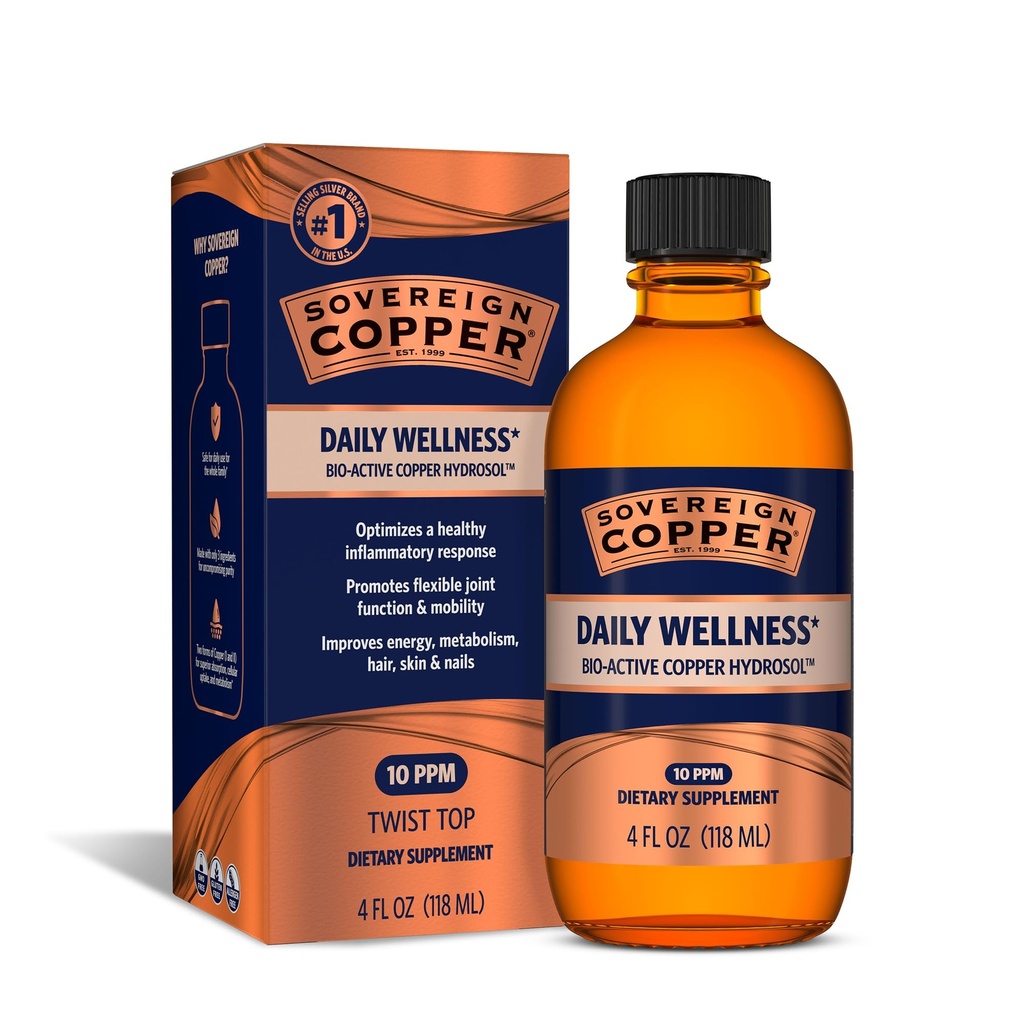 Sovereign Bio- Active Copper Hydrosol - Bioavailable Copper Liquid Suplement Suplement untuk Orang dewasa dan Anak-anak dengan Silver Hydrosol untuk Rambut, Kulit, dan Nails - 4 fli oz (118 mL)