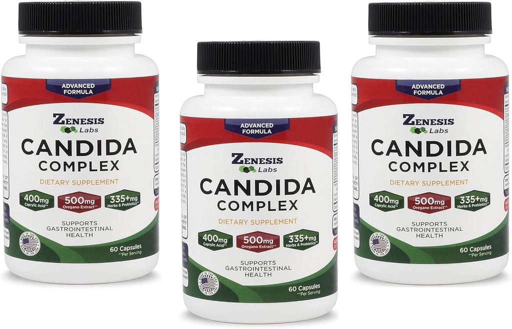 Zenesis Labs Candida Complex Cleanse Detox Acid Caprylic Acid, Oregano Extract, Propoles, Enzymes - Bulk 180 Capsules, 90 Day Supply (60 Capsules / Bottle)