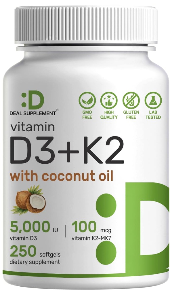DEAL SUPLEMENT Vitamin D3 5.000 IU + K2 MK7 100mcg Softgels 124; 2-in- 1 Kompleks dengan Virgin Coconut Oil 124; Supports Heart, Bone, Teeth & Imune Kesehatan 124; Mudah untuk menelan