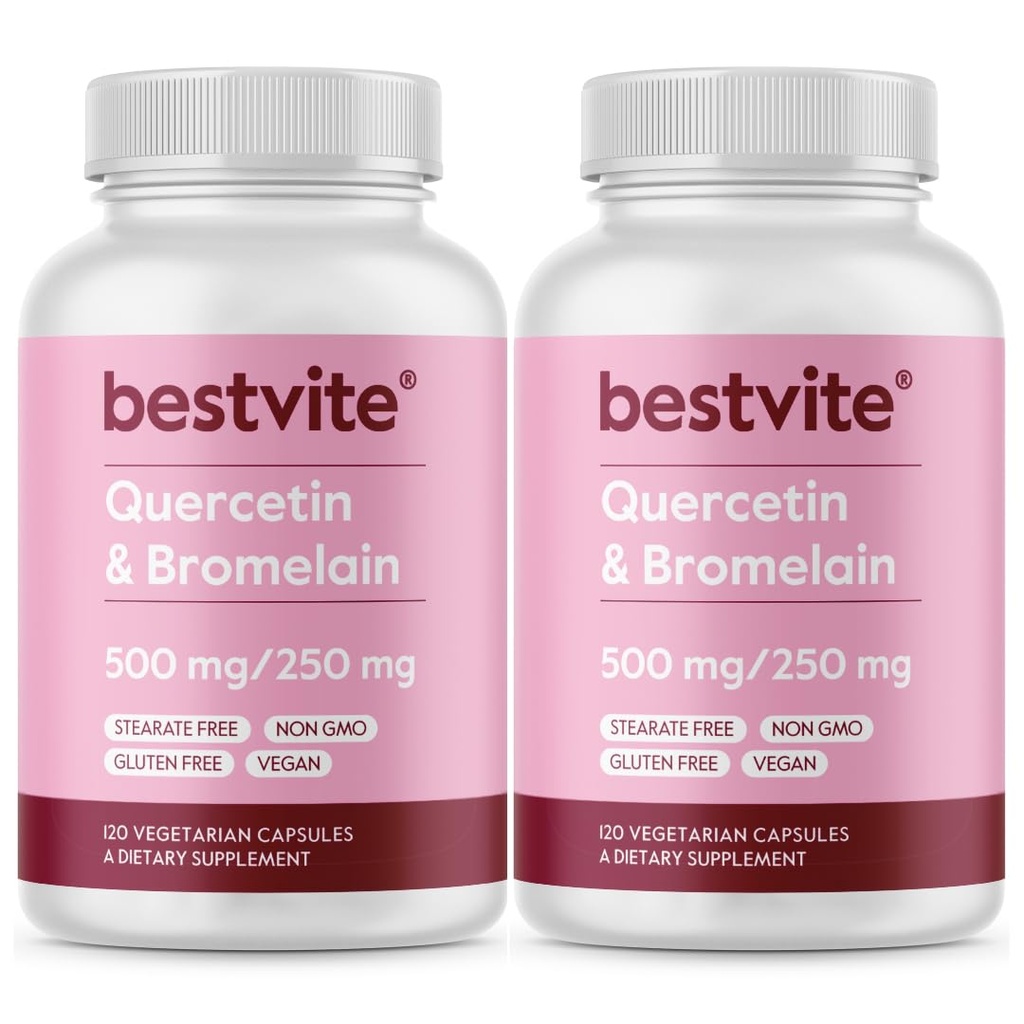 BESTVITE Quercetin dengan Bromelain 500mg / 250mg (240 Vegetarian Capsules) (120 x 2) - Tidak ada Silicon Dioksida - Vegan - Non GMO - Gluten Bebas