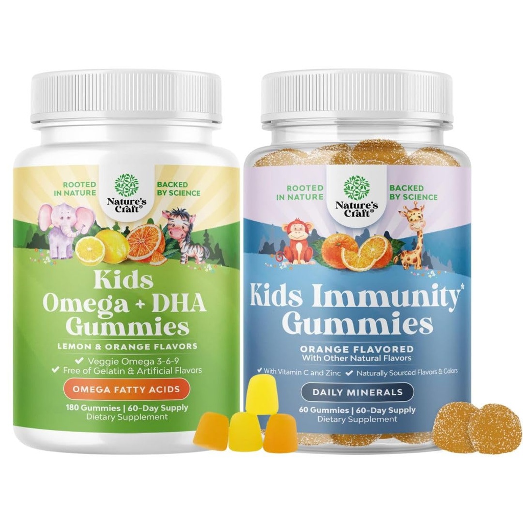 Bundle of Omega DHA Gummies for Kids - Fatty Acids Omega 3 6 9 with Vitamin C for Brain, Imunity & Vision and Kid Immunity Dukung Gummies - Delicious Vitamin C dengan Zinc & Echinacea Immune Booster