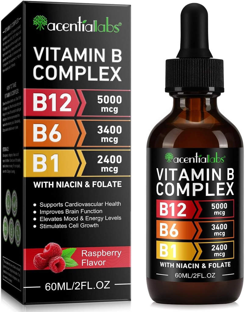 Vitamin B12 Liquid Drops - Vegan B12 Vitamin B12 Sublingual Drops - Organic Vitamin B-Complex B5 Pantothenic Acid - Vegan B12 Sublinual 5000 mcg dengan Vitamin B6, Cair B12 Methoycolamin Support