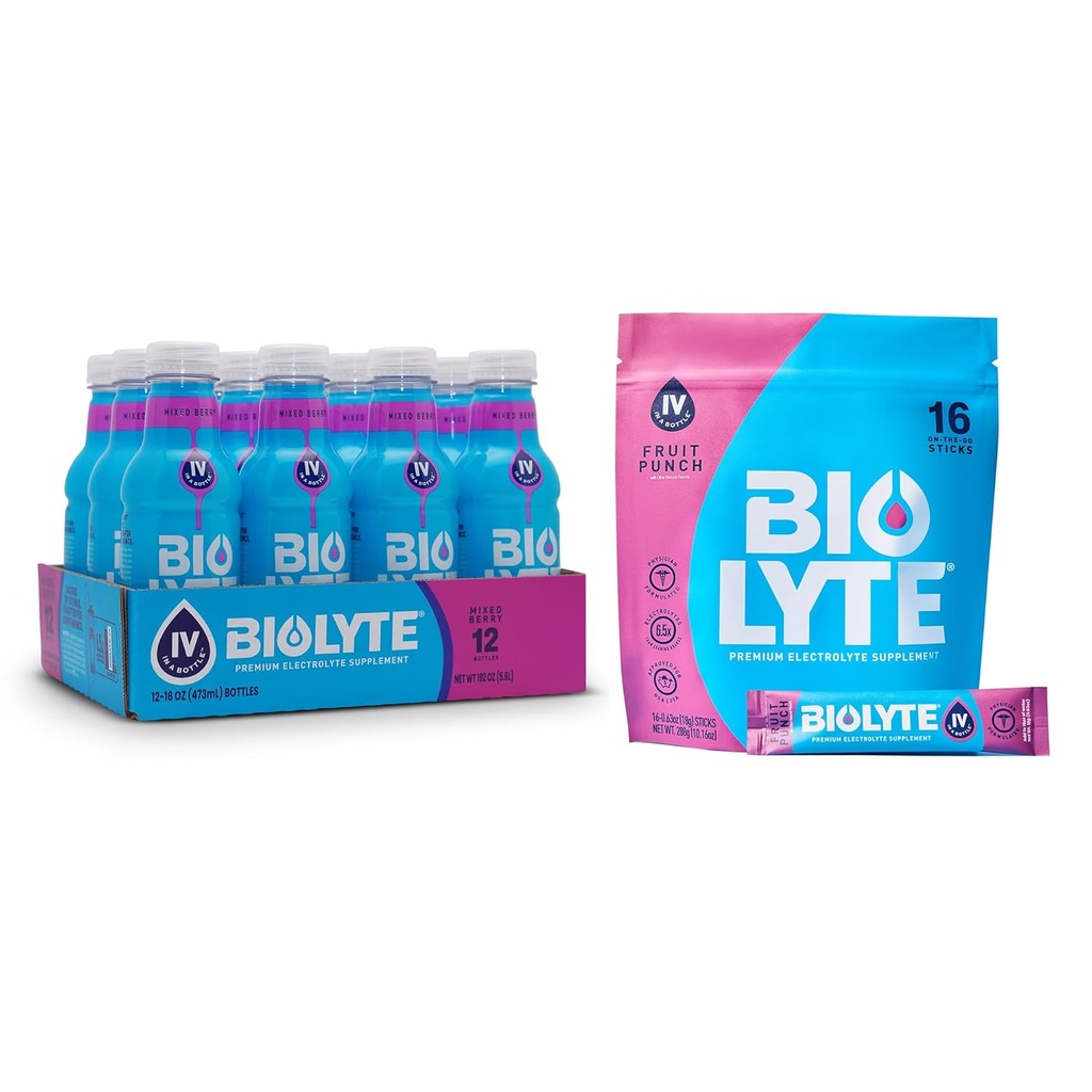 BIOLYTE Electrolite Drink & IV Hydration Drink Mix - Doctor- Formulated FSA & HSA Electrolite Liquid, Rehydration Powder Pawet, Kemoterapi Harus Haves for Women & Men - Berry, 12 Botol, 16 Tongkat