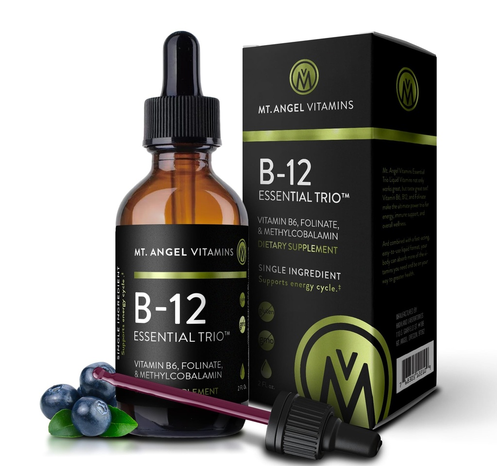 Gunung Angel Vitamin - B12 Estication Trio - Vegan Sublingual Drops dengan High-Potency Methyl B12, B6 & Folate - Liquid Absorpsi Mudah - Non-GMO, dibuat di USA