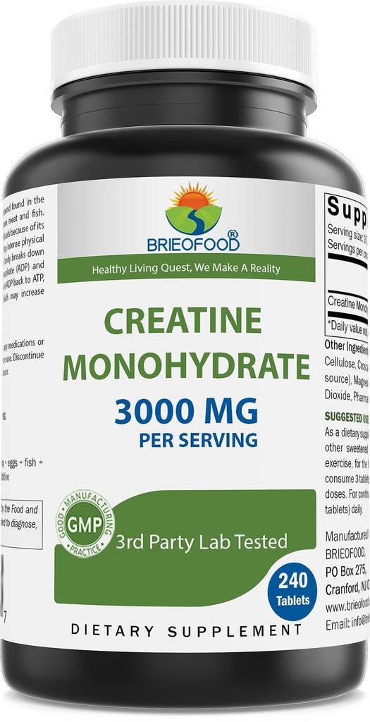 Brieofood Creatine Pil 3000 mg per Serving - 240 Tablet - Lab Partai 3 Teruji untuk kemurnian & Kualitas - Membantu Performansi Atletik Impreve