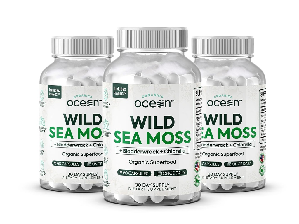 Organik Laut Liar Moss Kapsul - 100% Massa Laut Organik dengan Chlorella Organik, Bladderwrack dan Vitamin D untuk Energi, Kesehatan Lung dan Dukungan Thyroid untuk Perempuan dan Pria - 3 Botol