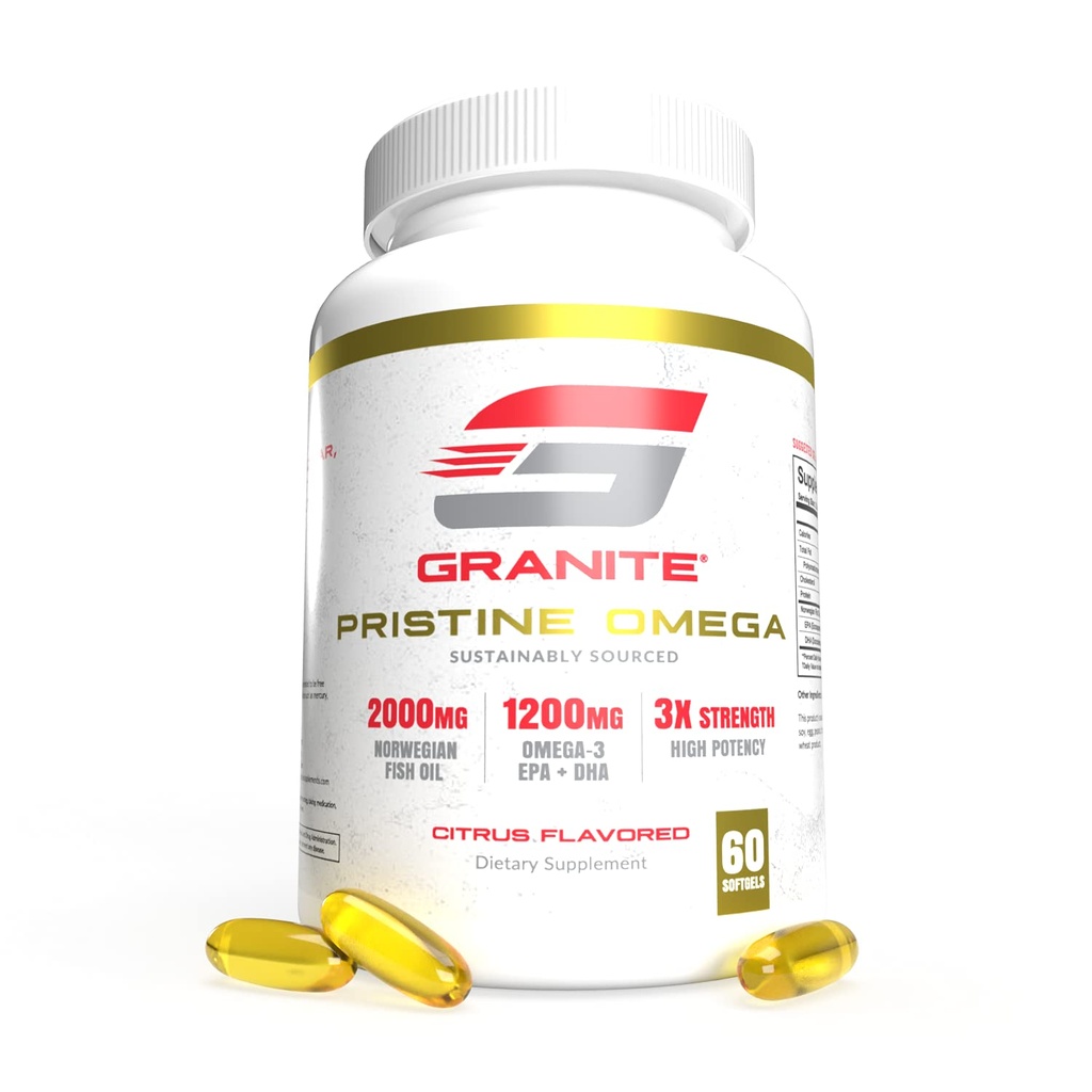 Suplemen Omega- 3 Granite Pristine Oil Oil, 2000mg Norwegia Suplemen dengan EPA & DHA, Dukungan Gabungan, Hati, Otak, & Mood, Sumber Sumber, Kemurnian Diuji (60 Softgels)