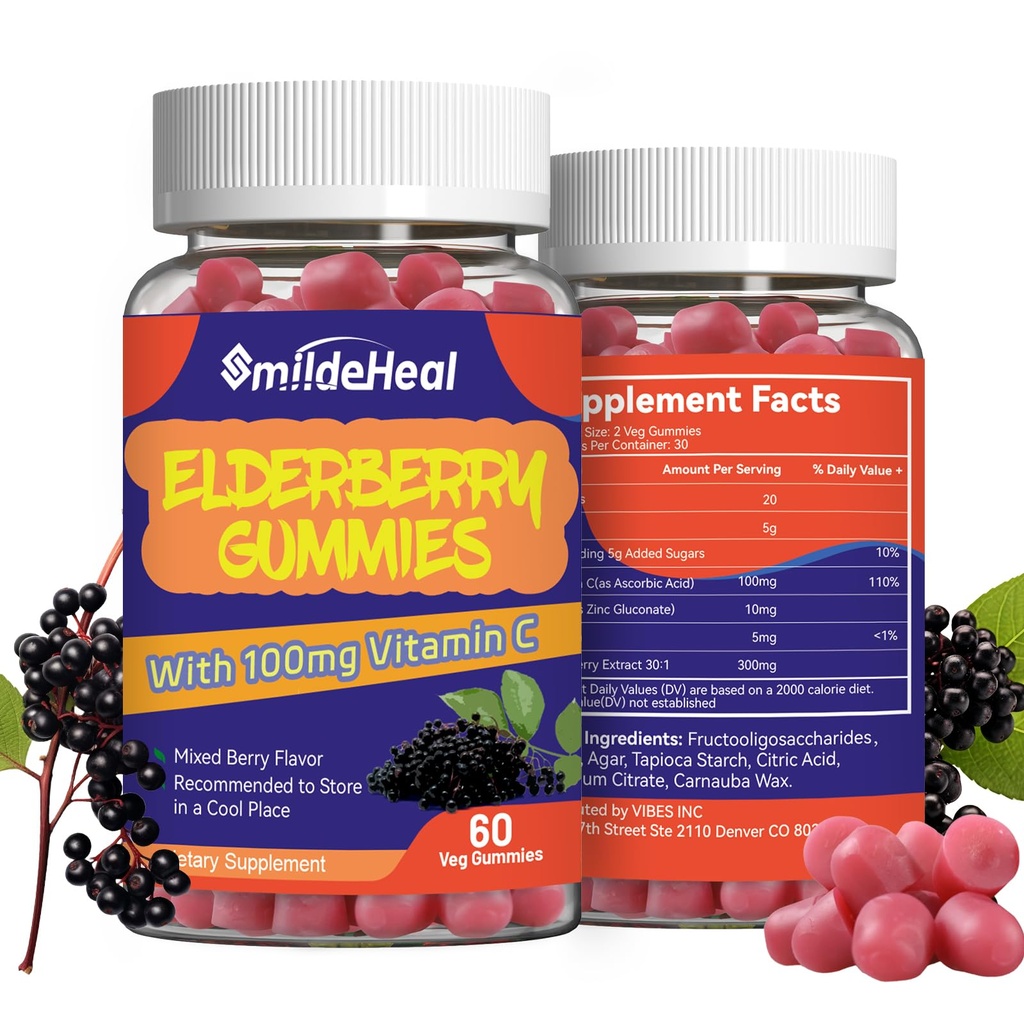 Elderberry Gummies, Elderberry Extract 300mg, dengan Vitamin C dan Zinc, Strawberry Flavor Gummies, Non-GMO, Gluten Free, Vegan-Friendly, Immune Dukung, 60 Count (Paket 2)