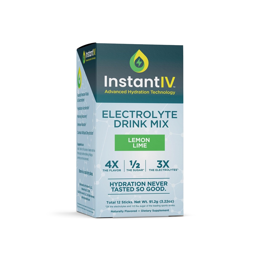 Electrolytes Powder - 3X Electrolytes, 1 / 2 Sugar with Vitamin C, B3, B6, Electrolite Powder Pawder for Hydration, Recovery & Imunity, Vegan & Gluten Free 124; Lemon Lime - 12 Paket
