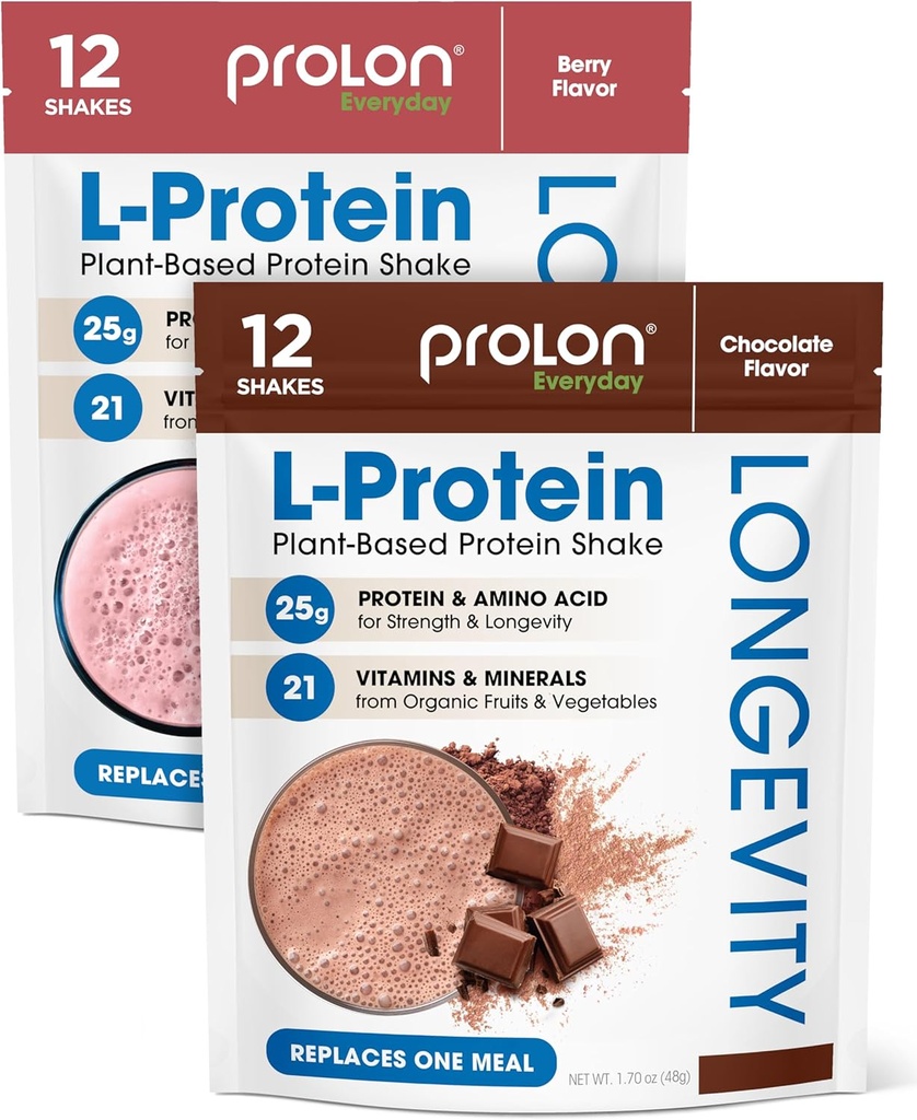 Prolon Longevity Plant Based Protein Powder 124. Muscle Synthex & Repair, Healthy Aging, Boost Performance 124; Vitamin, Gluten Free, Amino Acids 124; 25g of Protein 124; Chocolate and Berry, 24 Packets