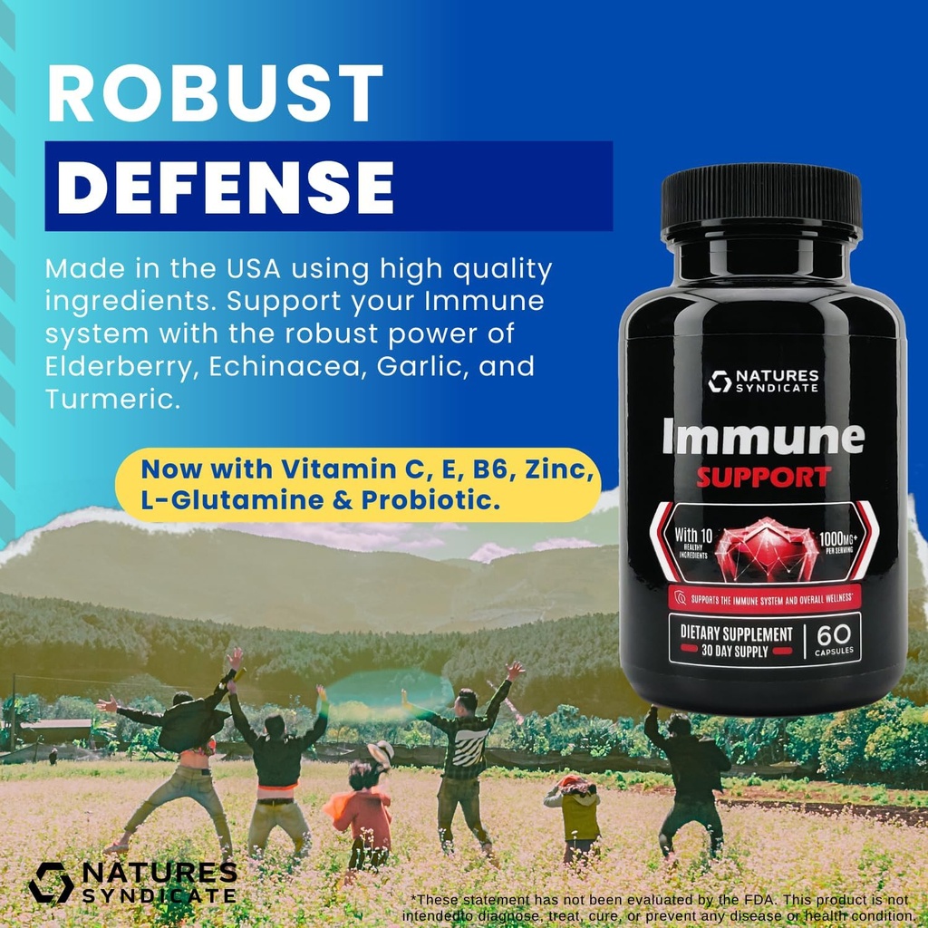 Suplemen Dukungan Imune - 10-in- 1 dengan Echinacea, Elderberry, Bawang, Turmeric dengan Zinc, Vitamin C, E, B6 & L-Glutamine, 4.8 Milyar CFU Probiotic untuk Dewasa