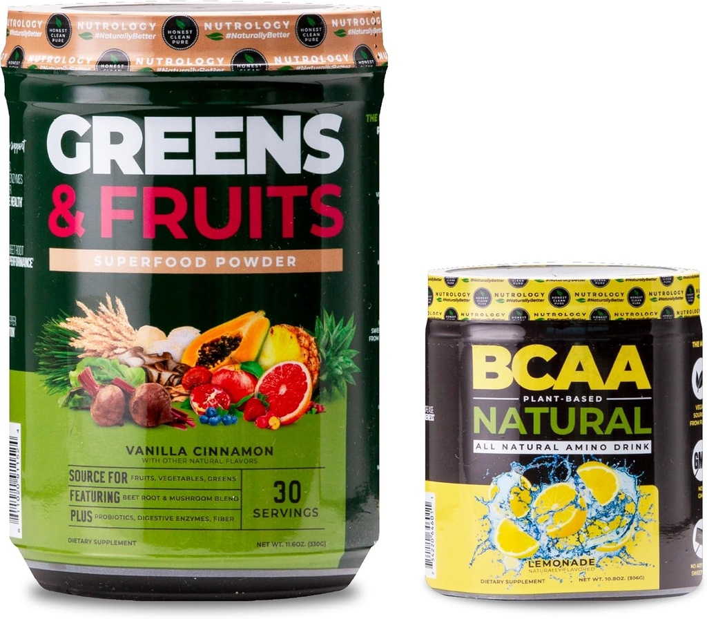Nutrologi Hijau & Fruits Powder Alami Sourced Superfood, Vanilla Cinnamon (30 Pelayan Alam) BCAA Plant Based BCAA Powder, Lemonade Flavor (30 Hamba)