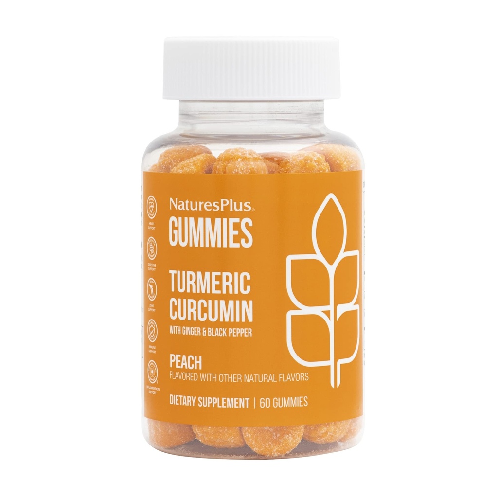 NaturesPlus Gummies Turmeric Curcumin - 60 Gummies, Peach - Support Joint, Digetical & Cardiovascular Health - Vegan, Gluten Free, Non-GMO - 30 Servis