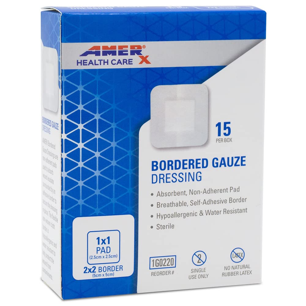 2 "x 2" Dressing (1x1 Pad) AMERX Blared Gauze - Adhesive Bandages - Water Resistant Barrier - Self Adhesive Border - Breathable, hypoallergenic - 15 Pads Per Box