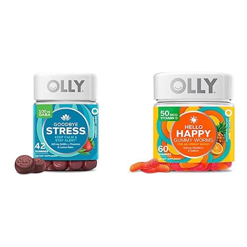 OLLY Goodbye Stress dan Hello Happy Gummy Starter Pack Bundle, Keep Calm, Mood Dupport, 42 and 60 Count