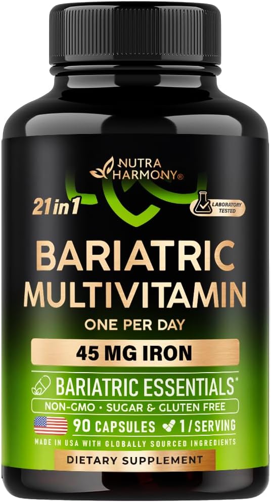 Suplemen Besi NUTRAHARMONY Bariatric - 45 mg - Dibuat di Amerika Serikat - Untuk Perempuan & Pria - All- InOne, 21 Estives Vitamin - Gastric Sleeve Dukungan - Light Tropical Flavor - 90 Capsules
