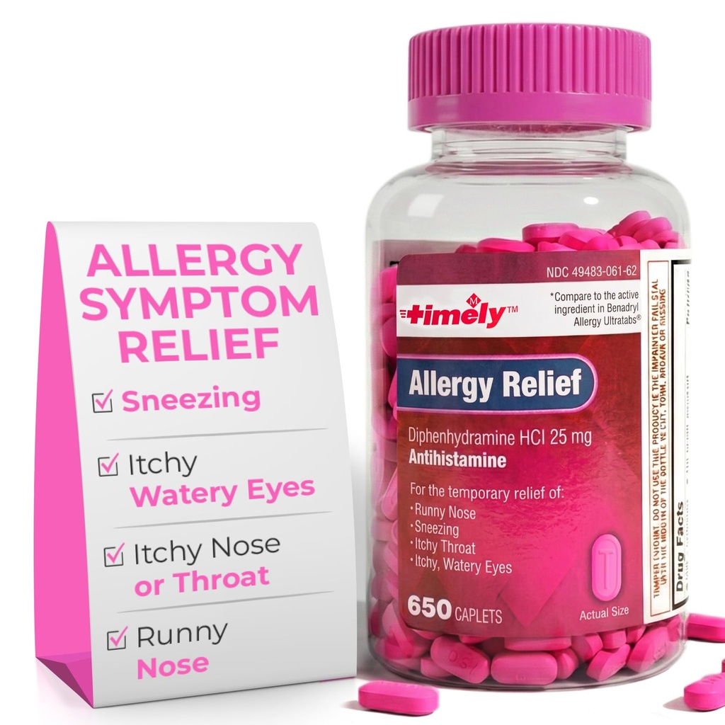 Relief Allergy Diphenhydramine HCI 25 mg - 650 Caplets - dibandingkan dengan Benadryl Allergy Ultratab - Antihistamin - Obat Alergi - Runny Nose Relief untuk Pertumbuhan - Perawatan Mata Mata