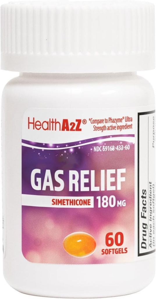 HealtA2Z ® Gas Relief Simethacon 180mg 124; Relieves from Stomach Discomfort and Gas 14; AntiFlatlucence 124; Relieves Gas Fast (60 Count (Pack of 1))