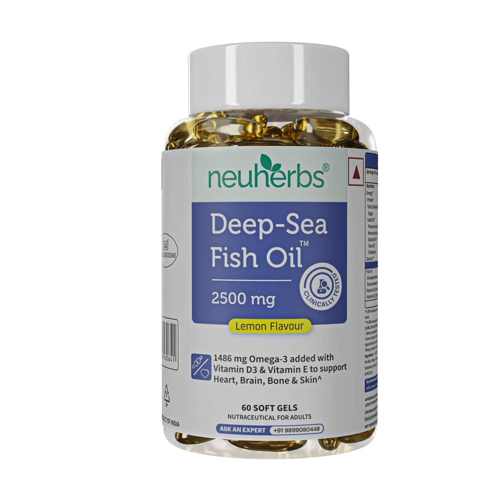 Neucies Deep Sea Fish Oil (60 Softgeels) Omega 3 Supplement Triple Power 2500 Mg for Muscle, Joints, Heart & Cognitive Dukung Atlas 124; No Fishy Burps with Lemon Flavour for Men & Women & Women 124; (Pack of 1)