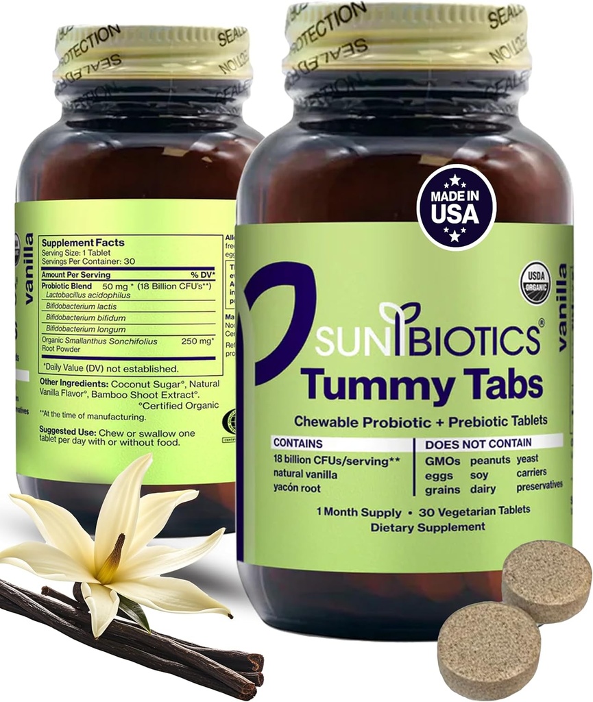 SUNBIOTICS Tummy Tab - SUNOTIS Probiotic dan Prebiotic Tablet dengan 18 Milyar CFU dari 4 Strain Probiotik untuk Good Gut Flora, Simiune System, & balanced Microbiome - Vanilla, (Paket 1)